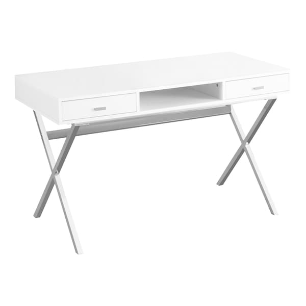 Computer Desk, Home Office, Laptop, Storage Drawers, 48"L, Work, Metal, Glossy White, Chrome
